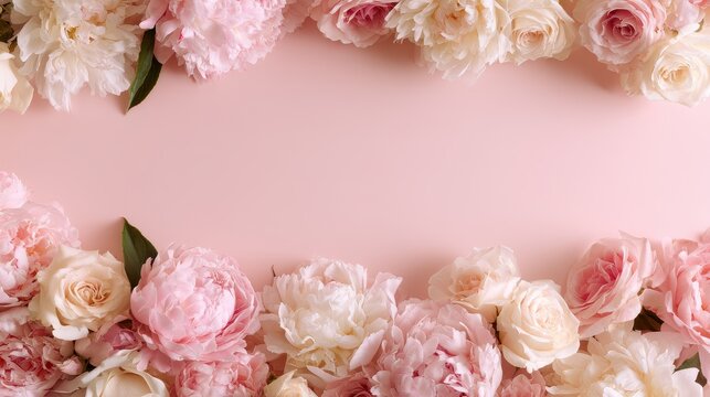 Romantic pastel blossom border on pink background with generous text area