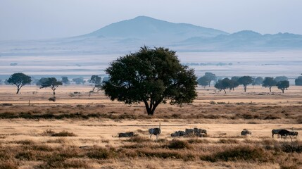 Naklejka premium A serene savanna landscape with scattered trees and grazing animals under a hazy sky with distant hills