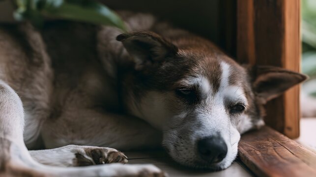 A calm dog rests its head on a wooden surface near a doorway with soft fur and gentle eyes