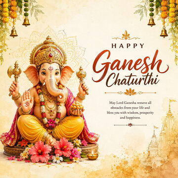 Happy Ganesh Chaturthi Festival Celebration with Lord Ganesha Idol Modak Diya and Traditional Hindu Decorations