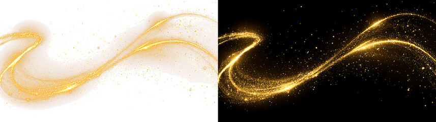 Sweeping golden light trail with glitter on transparent and black background. Glowing curve wave and magical sparkle dust. Elegant abstract design element © Maria