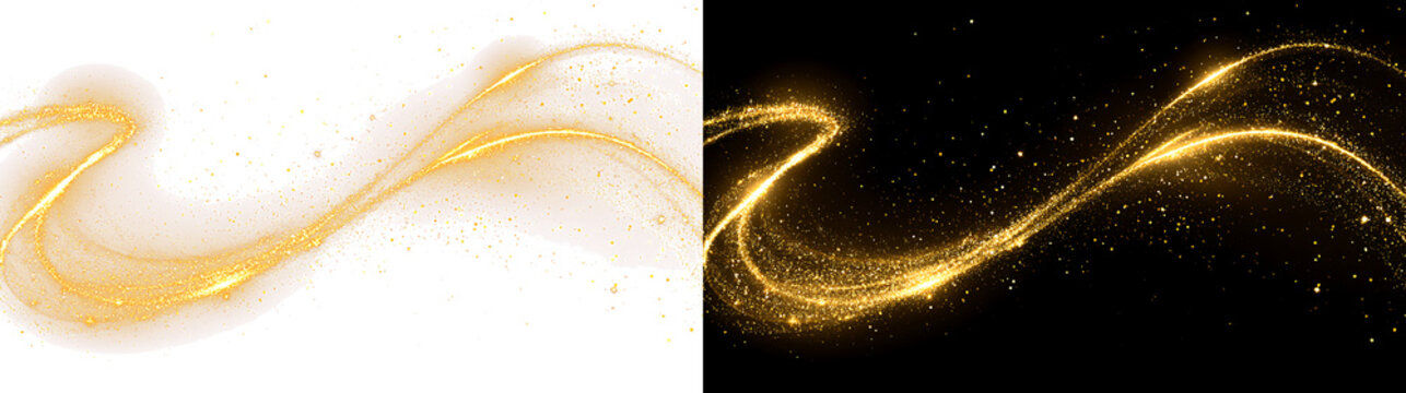 Sweeping golden light trail with glitter on transparent and black background. Glowing curve wave and magical sparkle dust. Elegant abstract design element