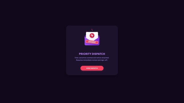 3D Animated Urgent Priority Notification Envelope UI Element Card on Dark Background