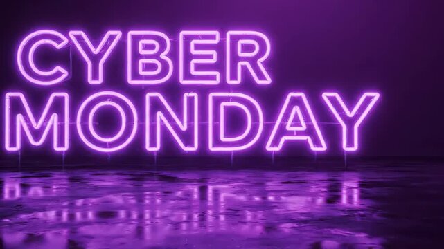 Stylish glowing cyber monday neon sign with vibrant blue lighting perfect for promotional videos ads and ecommerce marketing campaigns.