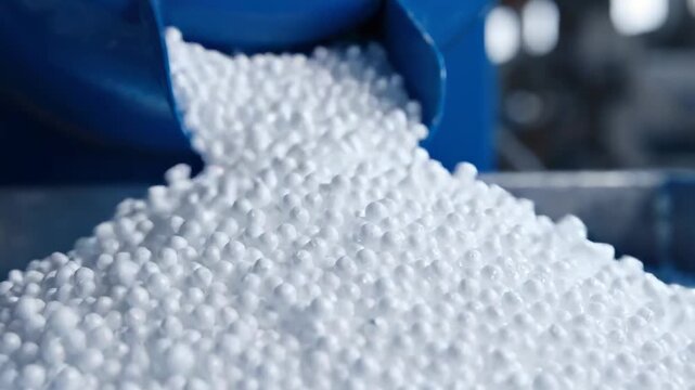 Close-up footage of white plastic pellets flowing from a blue industrial hopper into a container showcasing manufacturing precision ideal for product demos and marketing content.