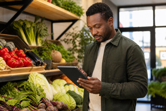 Small Grocery Owner Checking Fresh Produce Inventory