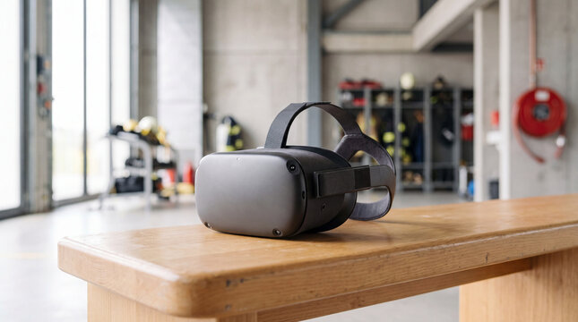 Virtual reality headset on bench in fire station locker room for training and simulation