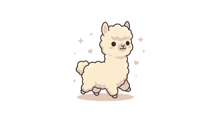 Fototapeta premium Sweet white cartoon alpaca standing with magical sparkles and hearts.