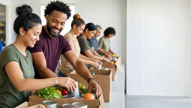 Volunteers Pack Food Parcels: A diverse group of smiling volunteers meticulously packs food items into boxes, demonstrating community spirit and generosity.