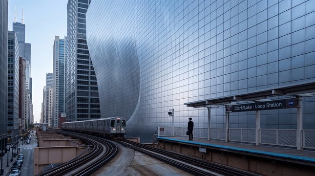 Commuter Waiting for Elevated Train at Modern Urban Station