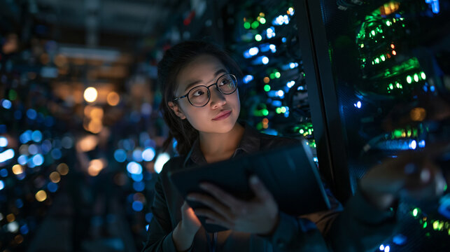 Female IT Specialist Inspecting Server Room with Tablet