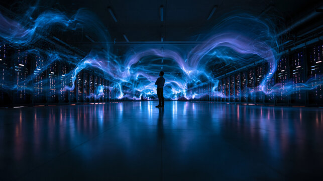 Businessman in Modern Server Room with Glowing Digital Data Streams