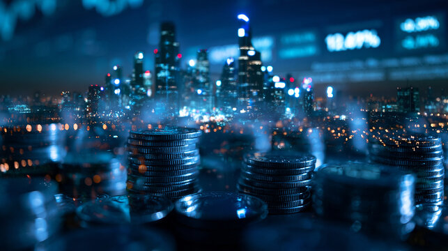 Stacks of Coins with Stock Market Cityscape Background