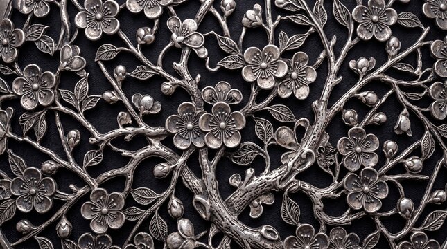 Silver Cherry Blossom Tree Embossed Metal Relief Artwork