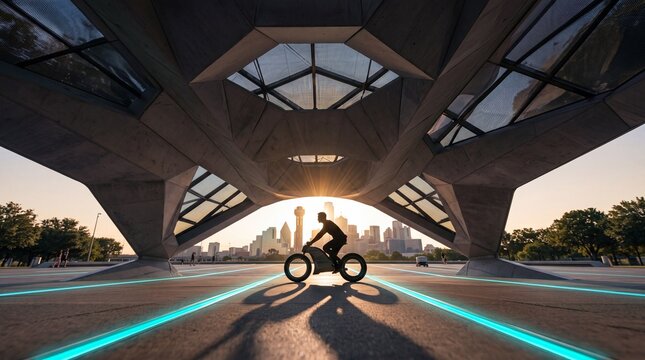 Futuristic Motorcycle Silhouette Under Modern Architecture at Sunset