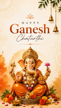 Happy Ganesh Chaturthi Festival Celebration with Lord Ganesha Idol Modak Diya and Traditional Hindu Decorations