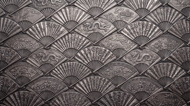 Traditional Asian Pattern of Embossed Metal Folding Fans