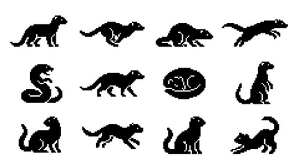 Fototapeta premium Various black pixel art animal silhouettes including cobra and meerkat.