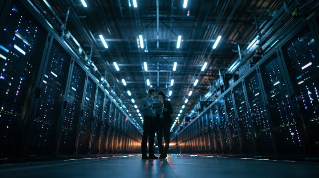 IT Engineers Working in Modern Data Center with Server Racks