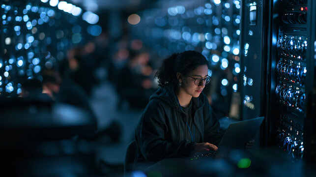 Female IT Engineer Working on Laptop in Server Room