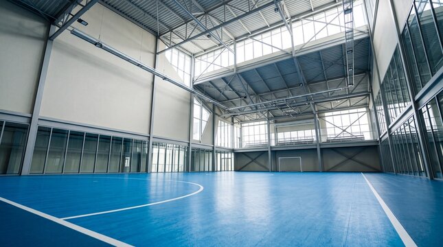 Modern Empty Indoor Sports Hall with Blue Floor