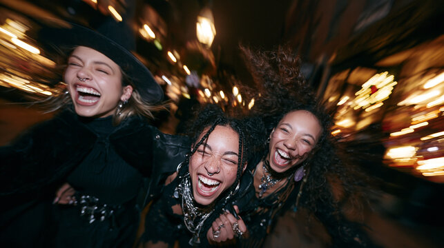 Excited Young Women Friends Laughing on Night Out
