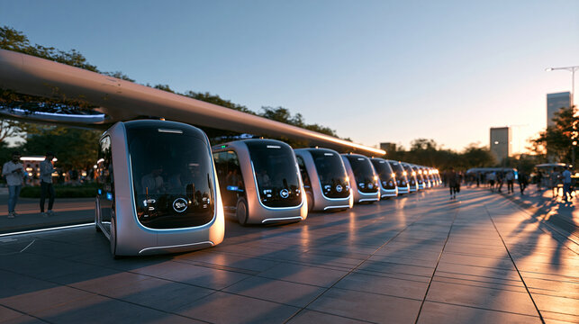 Autonomous Electric Shuttles Parked at Smart City Station