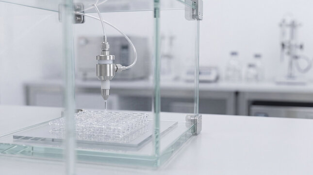 Automated pipette dispensing into microplate in clean laboratory enclosure for precision research