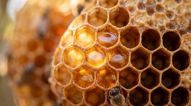 Honeycomb with Fresh Golden Honey and Bees in Hive