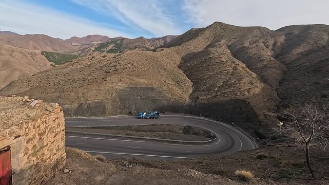 Truck rounding a hairpin on the Tizi n'Tichka pass, High Atlas, Morocco