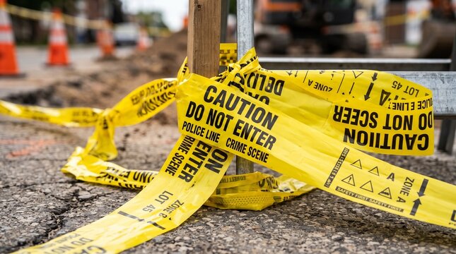 Yellow Caution Tape Wrapped Around A Wooden Stake At A Construction Site With Blurred Traffic Cones In The Background