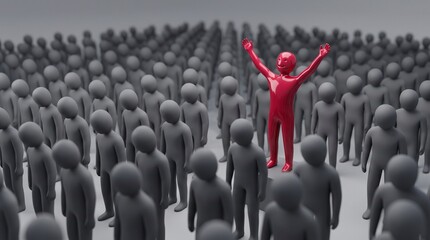 Obraz premium 3D illustration of a standing out leader in a crowd of uniform figures
