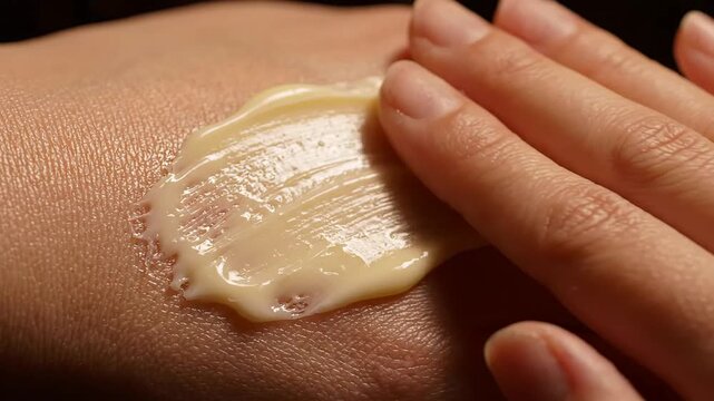 Woman's hand applying a beige cosmetic cream on skin for beauty treatment, demonstrating gentle spreading, nourishment, and promoting overall well-being and glow.