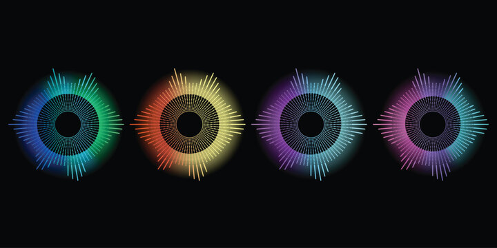 Set of four circular sound wave equalizers with vibrant gradient colors on a black background for audio visualization and music design