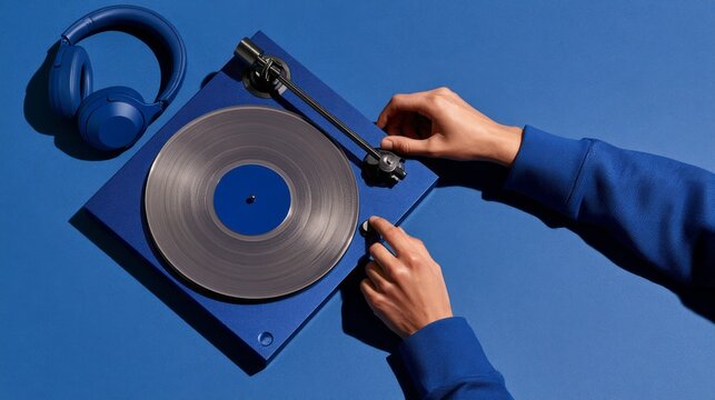 Hands Operating a Blue Turntable with a Vinyl Record and Headphones in a Monochromatic Flat Lay. AI generative