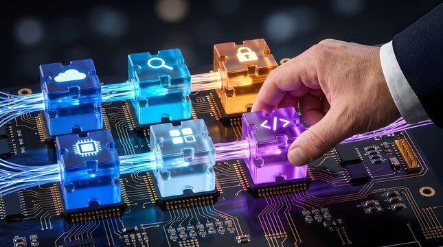 Hand connecting glowing puzzle pieces on circuit board