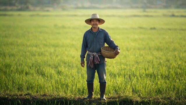 Farmer walking through a green rice field wearing a traditional hat