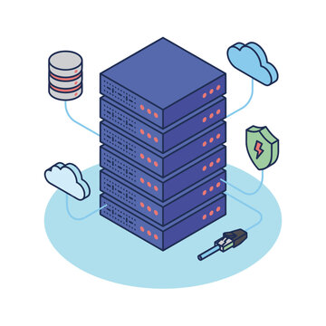 Professional of a Secure Server Rack with Cloud Database and Network Icons in Blue and Green with high quality professional line art symbols for modern creative design and digital branding projects