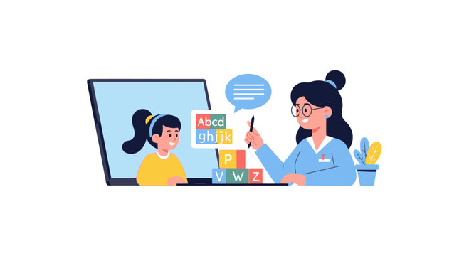 Online Speech Therapy and Language Development Lesson for Kids with Female Teacher and Alphabet Blocks