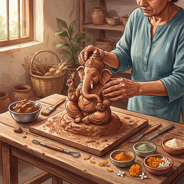 Artisan sculpting a clay ganesha idol by hand in a pottery workshop for craft tutorial background and traditional statue making scene