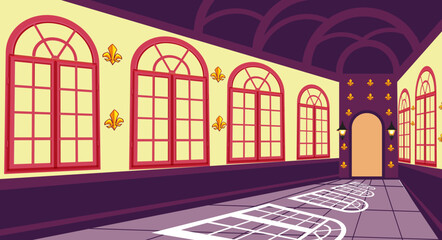 Naklejka premium old castle hall background large window secret door shadows magic school perspective ancient entrance