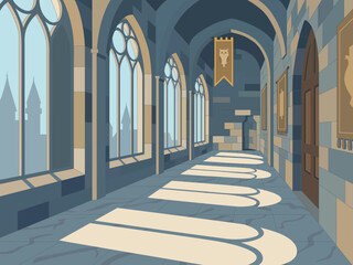 Naklejka premium old castle hall background large window secret door shadows magic school perspective ancient entrance