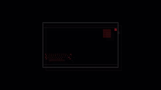 Abstract digital glitch overlay with geometric frames and flickering red elements.