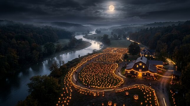 Aerial Night View Of A Glowing Pumpkin Patch Farm Next To A Misty River Under A Full Moon
