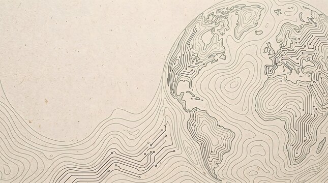 Vintage topographic world map on textured paper, retro globe outline with contour lines, minimalist earth cartography background
