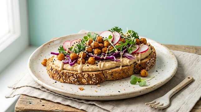 Healthy vegan hummus toast with roasted chickpeas and radishes