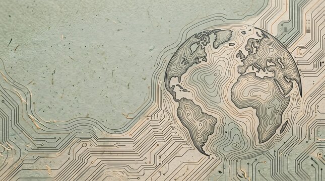 Vintage circuit board globe illustration, retro digital earth map on motherboard background, global technology concept