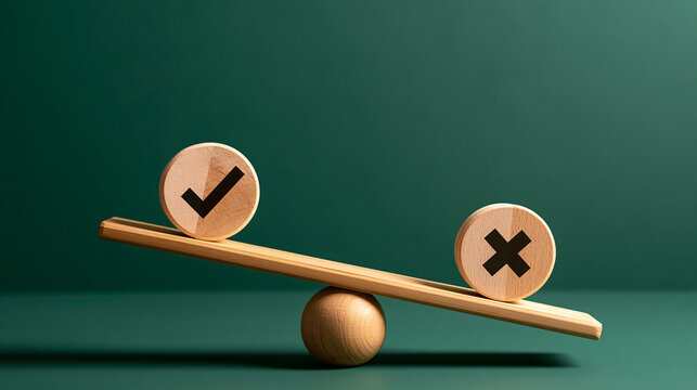 Wooden seesaw balance scale showing correct check mark and incorrect cross mark symbols with wooden tokens decision making right or wrong true or false pros and cons