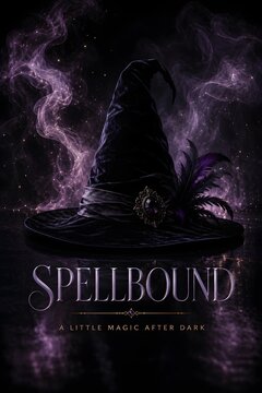 Mysterious Dark Sorcerer Hat Floating Amidst Ethereal Purple Smoke and Cosmic Nebula Glow Under Starry Night Sky