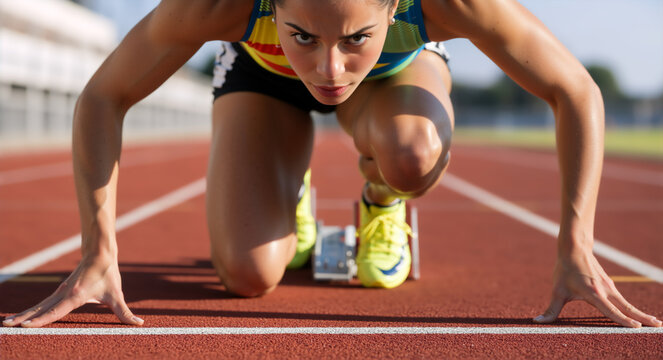 Female athlete in starting blocks on a running track. Focused runner ready to sprint at the start line. Sports and fitness concept